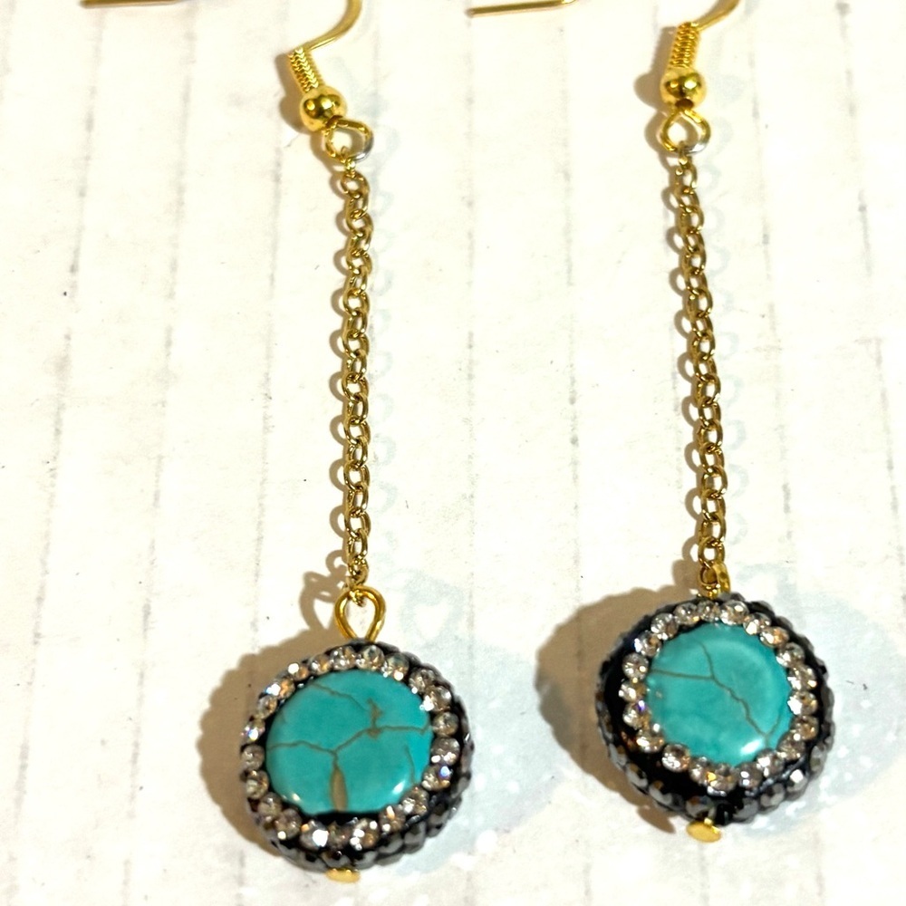 Gold-Chain Turquoise Drop Earrings with Crystal Halo